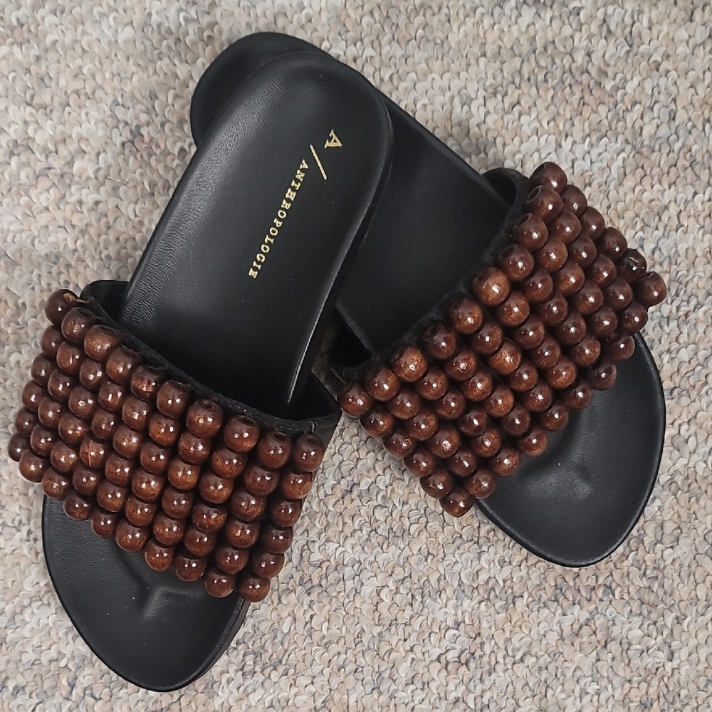 Anthropologie Beaded Black and Brown Sandals with Woven Design